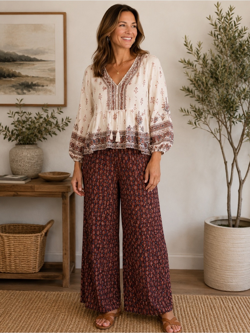 Old Navy Women’s Tall Wide Leg Pants Medium Tall Boho Print Pull Pockets